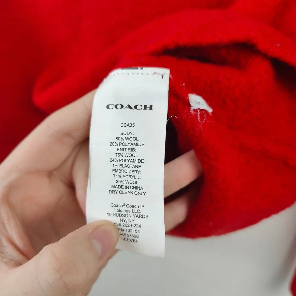 Coach Womens Sweater Small Red Crew Neck Wool Blend Embroidered Logo Preppy